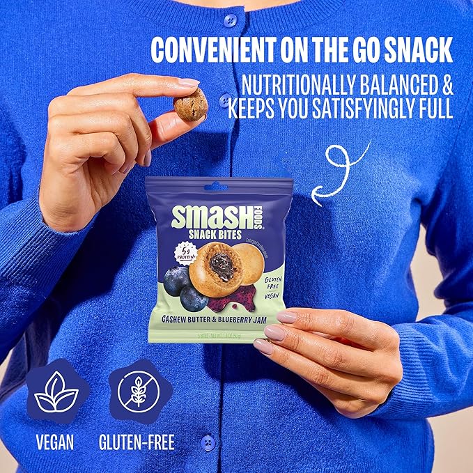 Smash Foods Blueberry Energy Bites | 5 Gluten-Free Vegan Snack Balls with No Sugar Added | 5g Protein, Superfood Jam, Chia Seeds | On-the-Go Convenience | Cashew Butter & Blueberry | 8 Packs