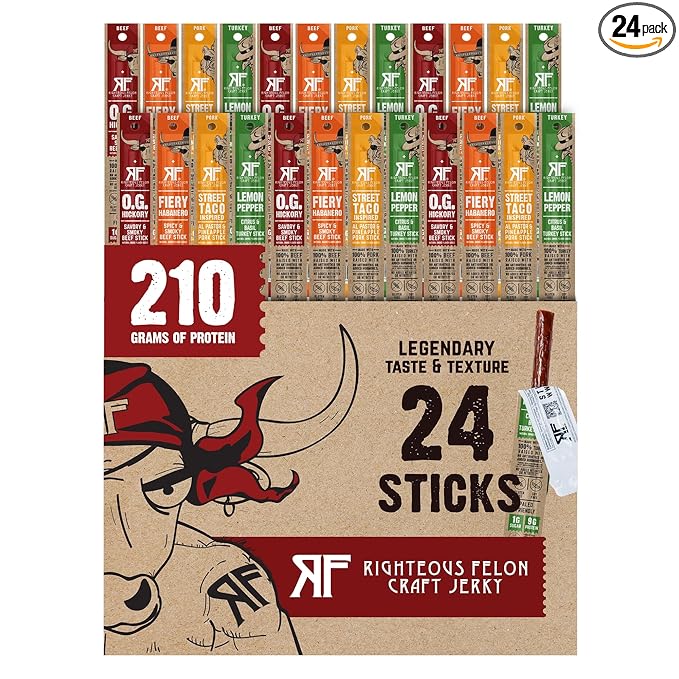 Righteous Felon Meat Sticks Variety Pack | Healthy Snack for Adults | Gluten Free & Keto Meat Sticks | Low Sugar & High Protein | Turkey, Pork, Beef Sticks | Jerky Gifts for Men | 24 Pack