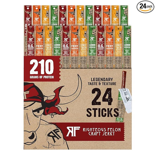 Righteous Felon Meat Sticks Variety Pack | Healthy Snack for Adults | Gluten Free & Keto Meat Sticks | Low Sugar & High Protein | Turkey, Pork, Beef Sticks | Jerky Gifts for Men | 24 Pack