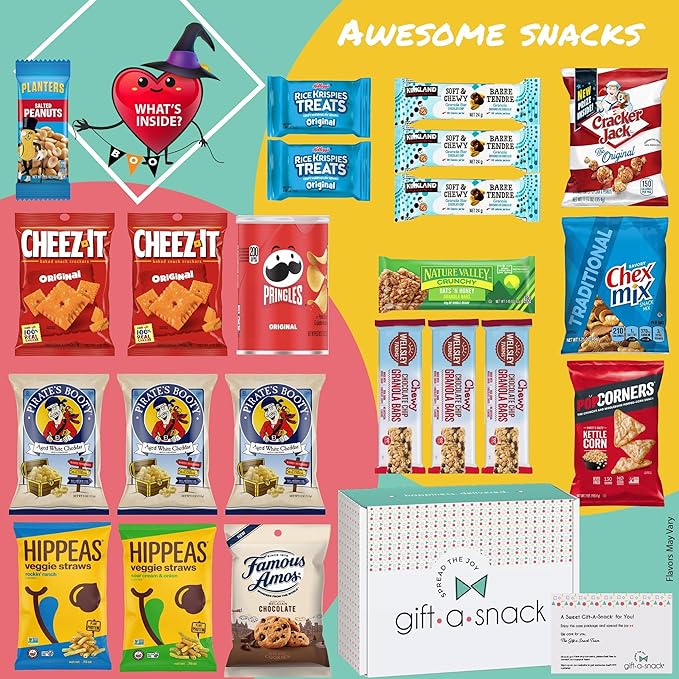 Gift A Snack - Halloween Candies Trick or Treats, Snack Box Care Package + Greeting Card (45 Count) Sweet Treats Gift Basket, Corn Candy Scary Spiders Stuffers Chips - Food Assortments