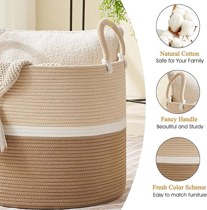 KAKAMAY Large Blanket Basket (18"x18"x16"),Woven Baby Laundry Hamper for Storage, Cotton Rope Blankets Baskets for Nursery, Laundry, Living Room, Pillows, Baby Toy chest with Handles (Light Brown)