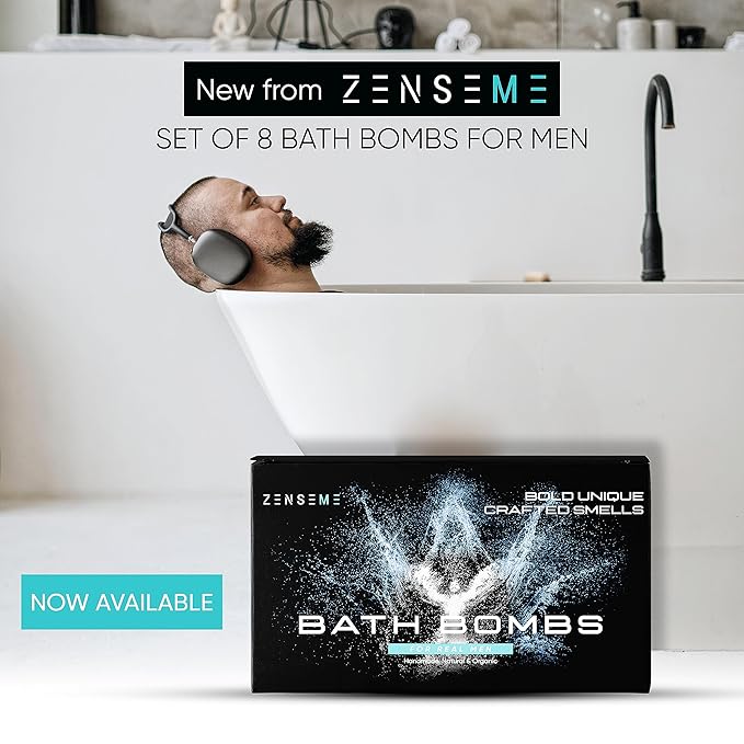 Bath Bombs for Men - Gift Set of 8 Scented Organic Handmade Bath Bombs of 2.5 oz with Natural Essential Oils, Unique Strong Manly Scents, for Boyfriend, Husband, Father or Friend, by ZenseMe