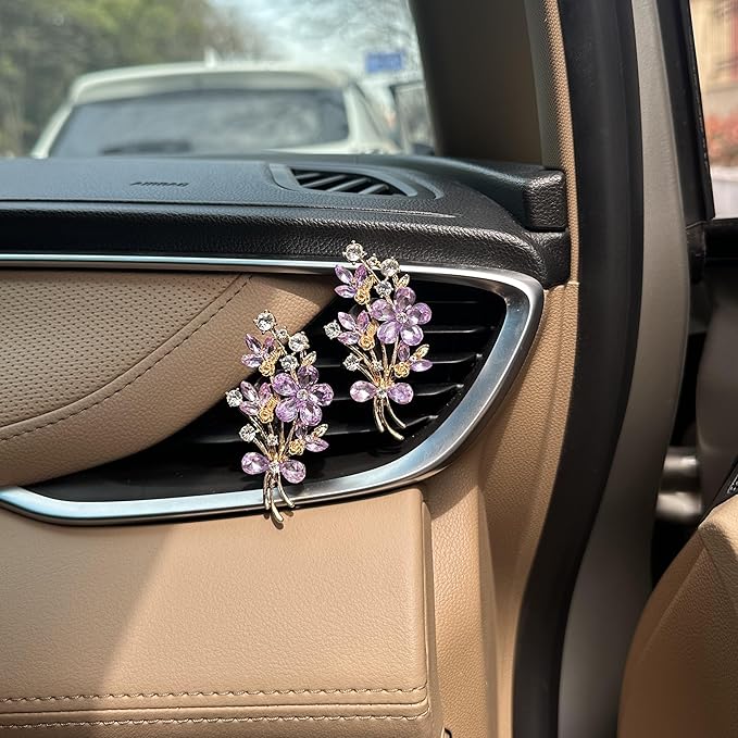 2pcs Flower Car Vent Clips Car Air Freshener Bouquets Flower Purple Car Accessories for Women Rhinestone Flower Air Vent Clips Car Decor,Sparkling Refillable Car Diffuser