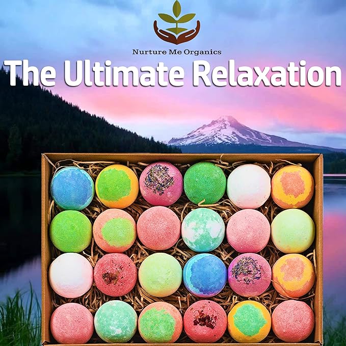 Bulk Bath Bombs Gift Set - 24 Nurture Me Organic Bath Bomb Kit - Moisturizing Bath Bombs Bath Gift Set – Best Birthday Gifts for Women, Mom, Girls, Teens, Her