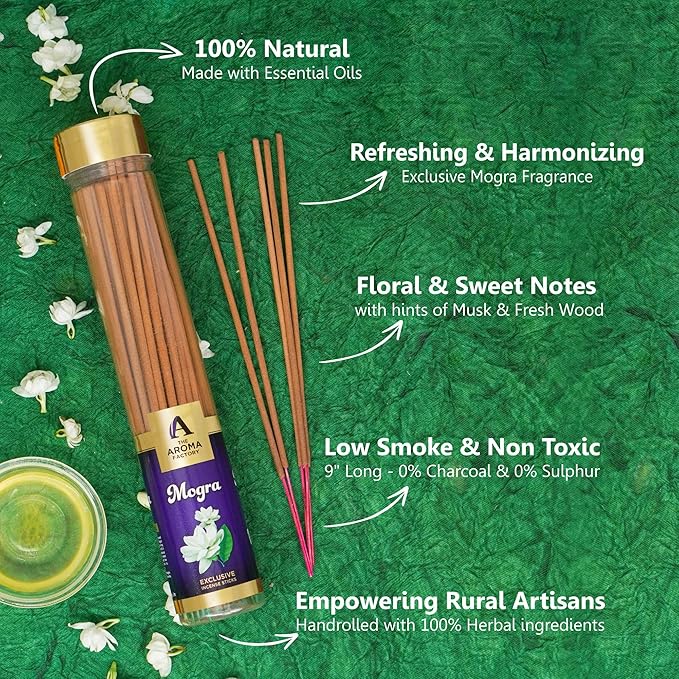 The Aroma Factory Mogra Agarbatti for Pooja, Luxury Incense Sticks, Low Smoke and Zero Charcoal and Fresh Fragrance for Home, Meditation (100g)