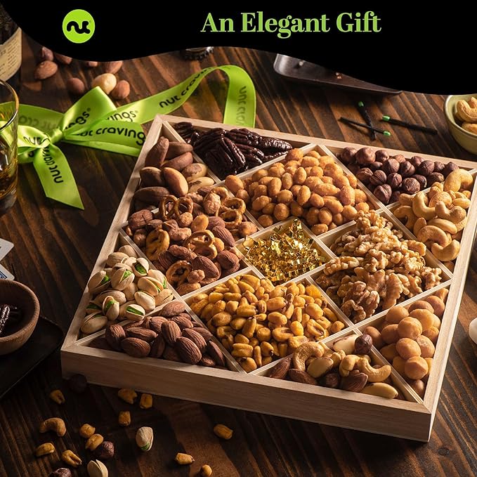 NUT CRAVINGS - Diwali Sweets Hamper Mixed Nuts Gift Basket in Reusable Diamond Wooden Tray + Green Ribbon (12 Assortments) Food Arrangement Healthy Snack Care Package