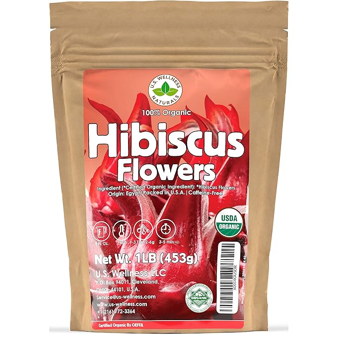 Hibiscus Tea 1LB (16Oz) 100% CERTIFIED Organic Hibiscus Flowers Herbal Tea (WHOLE PETALS), Caffeine Free in 1 lbs. Bulk Resealable BPA-free Bags from U.S. Wellness