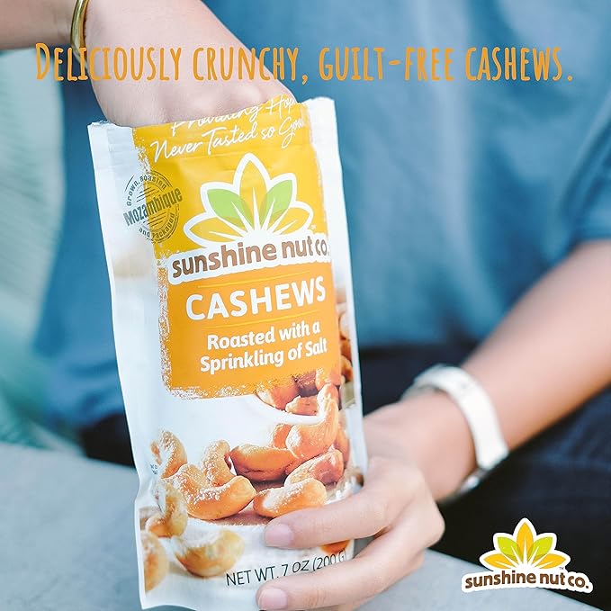 Sunshine Nut Company Whole Roasted Lightly Salted Cashews, Sprinkling of Salt Flavor, 2 Pack, 7 oz. Each, Gluten Free, Peanut Free and Vegan Individual Snack Packs for Kids and Adults, GMO Free