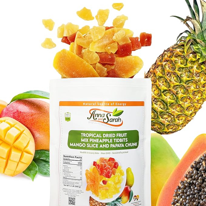 Anna and Sarah, Unsulphured Tropical Dried Fruit Mix Pineapple Tidbits, Mango Slice and Papaya Chunk, Un Non GMO - Gluten Free - High Fibers in Resealable Bag, 2 Lbs