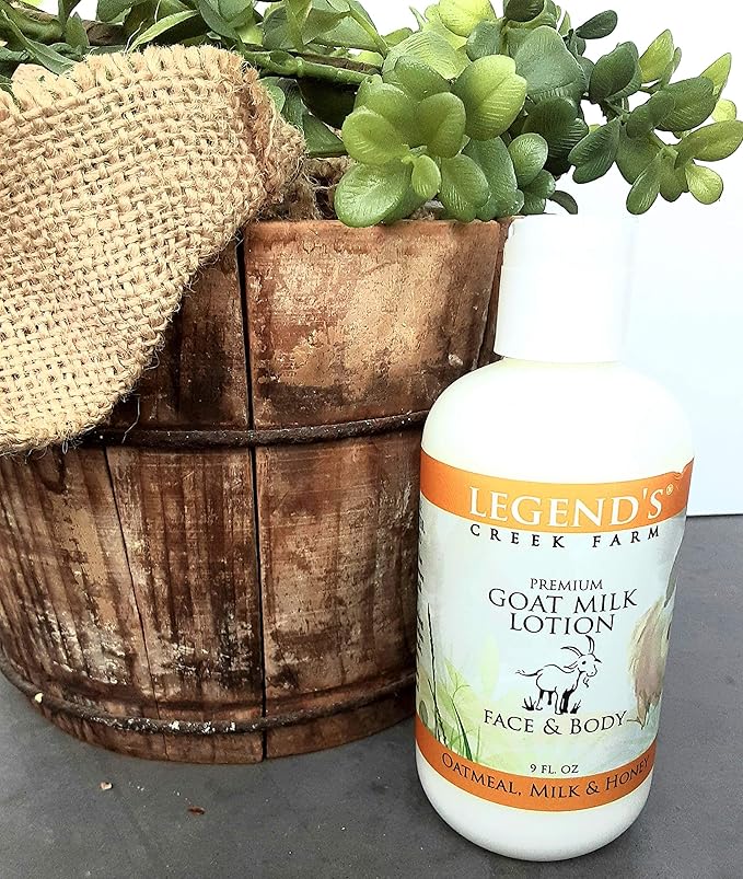 Legend's Creek Farm Goat Milk Lotion - Moisturizing Goat Milk Body Lotion for Body, Hand & Face - 9 oz Body Moisturizer with Shea Butter, Sunflower Oil, Aloe, Handmade in USA (Oatmeal, Milk & Honey)