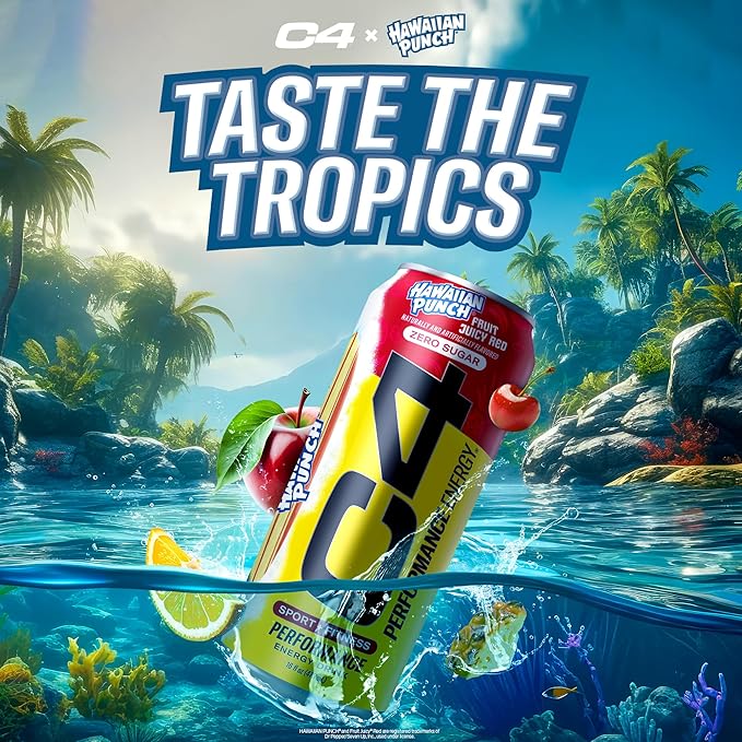 C4 Energy Drink, Hawaiian Punch Fruit Juicy Red, Carbonated Sugar Free Pre Workout Performance Drink with no Artificial Colors or Dyes, 16oz Pack of 24