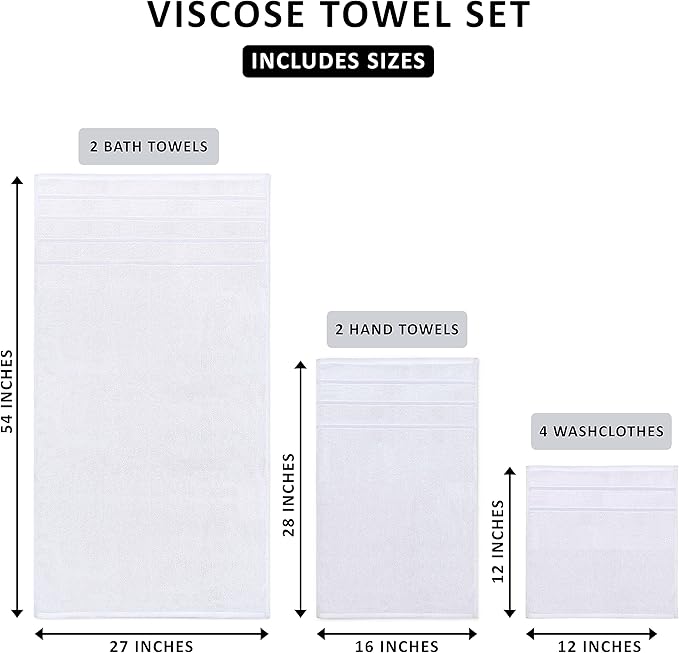 Utopia Towels 8 Piece Luxury Towel Set, 2 Bath, 2 Hand, and 4 Wash Cloths, 600 GSM Ring Spun Cotton, Highly Absorbent Viscose Stripe Towels, Ideal for Everyday use, White