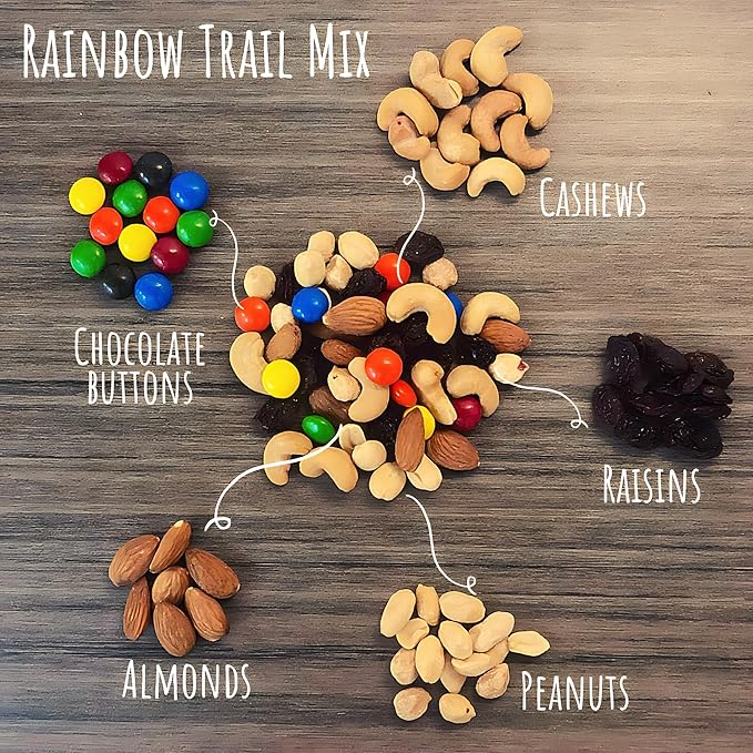 MIXED NUTS Rainbow Trail Mix by Premium Orchard - Healthy Trail Mix Variety Pack Peanuts Raisins Cashews Almonds Chocolate Buttons Heart Healthy Snacks for Adults and Kids Snacks Gluten Free