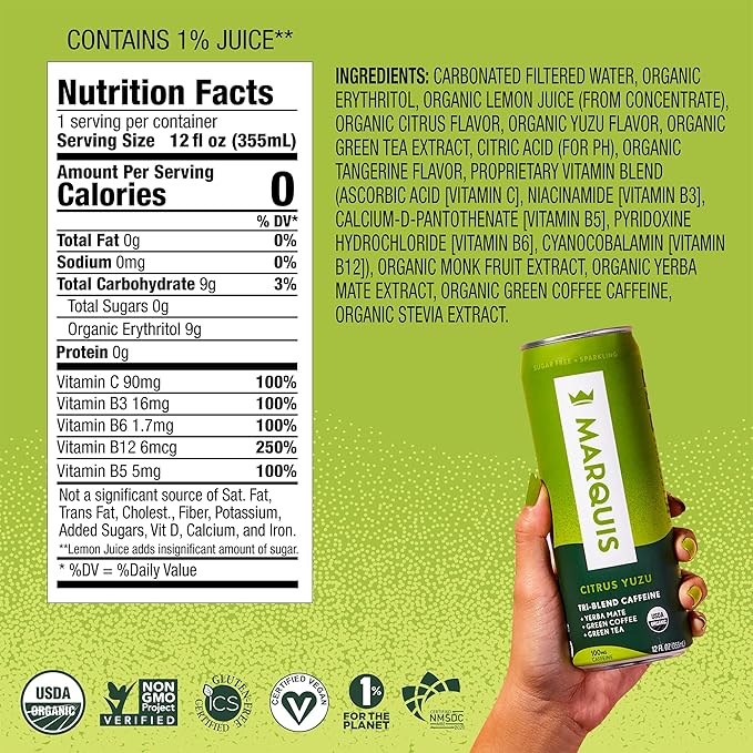 Marquis - Natural Energy Drink - Citrus Yuzu - Sugar Free - 0 Calories - 100mg of Organic Plant Based Caffeine - Yerba Mate - Green Tea - Vitamin C & B Vitamins - Vegan - 12 oz Cans - 12 Pack
