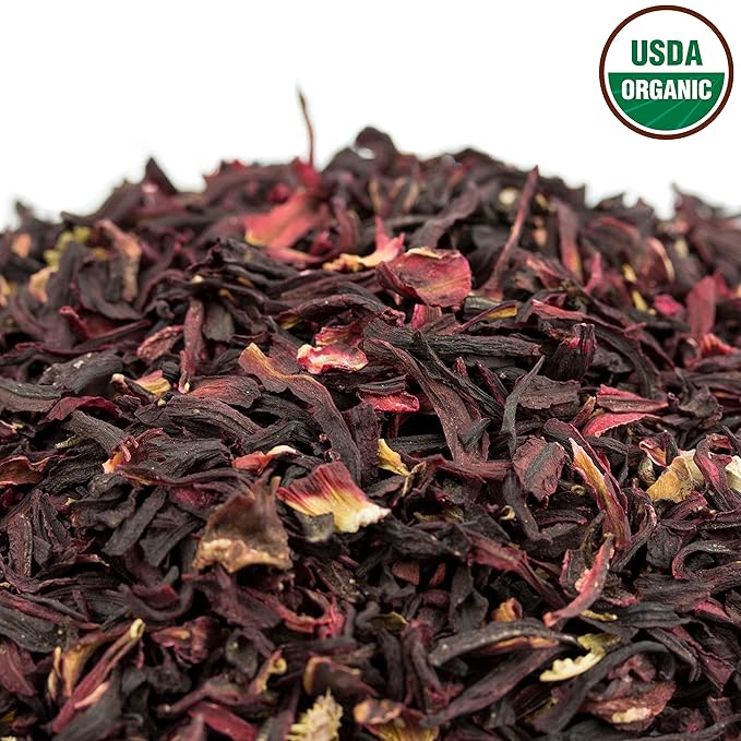 Hibiscus Tea 1LB (16Oz) 100% CERTIFIED Organic Hibiscus Flowers Herbal Tea (CUT&SIFTED), Caffeine Free Tea (200+ cups) 1 lb. Bulk Resealable BPA-Free Bag