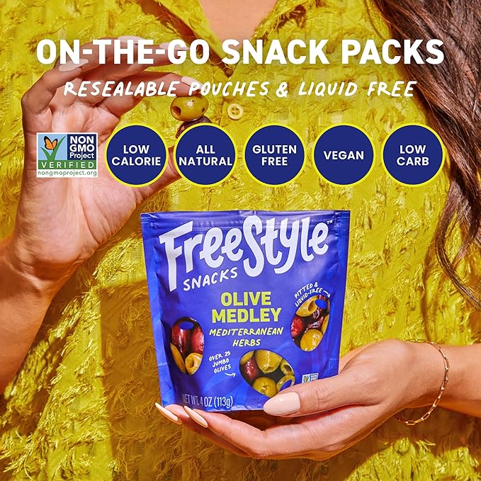 Freestyle Snacks Olive Snack Packs - Fresh Pitted Green & Kalamata Olives, 5 Flavors, Jumbo-Sized, Grown in Greece, All Natural, Non-GMO, Paleo, Sugar-Free, Keto Snacks - Variety Pack, 4oz (5 Pack)