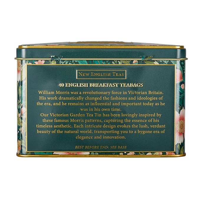 New English Teas Victorian Garden Tea Tin with 40 English Breakfast Teabags, Inspired by Embroidery & Textile Styles
