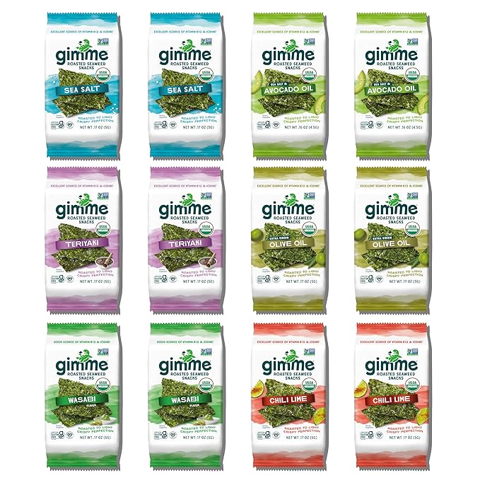 Gimme Seaweed Organic Premium Roasted Seaweed Snacks, New 6 Flavor Variety Pack, 12 Count (2 Each) Keto, Vegan, Gluten-Free, Source of Omega3s and Iodine, Healthy On-The-Go Snack for Kids and Adults