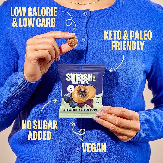 Smash Foods Energy Bites | Variety Pack | 5 Gluten-Free Vegan Snack Balls with No Sugar Added | Protein, Superfood Jam, Chia Seeds | On-the-Go Convenience | 8 Packs