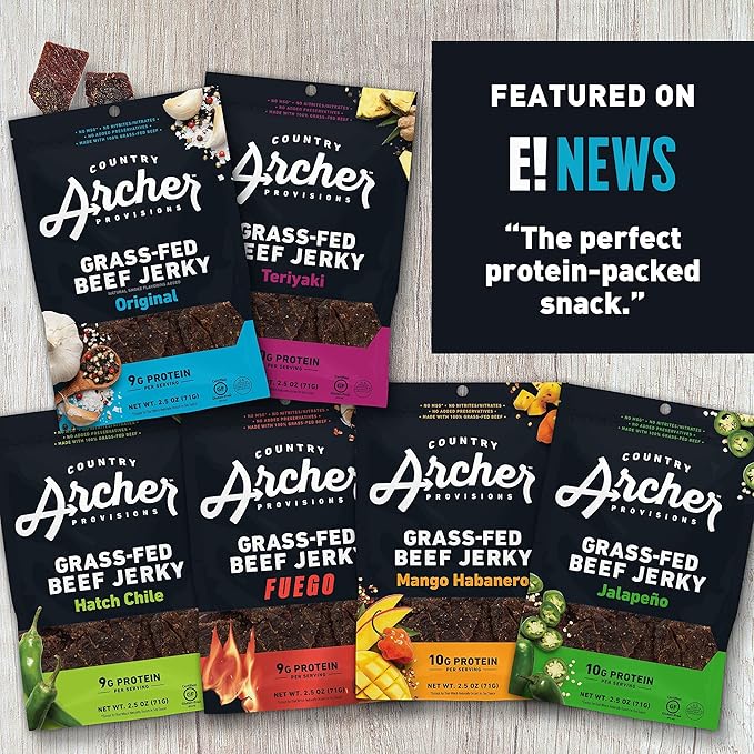 Country Archer Grass-Fed Beef Jerky Variety Pack - Beef Jerky Snack Packs, Beef Jerky Assortment, Jerky Sampler with Original, Mango Habanero, Teriyaki Beef Jerky- 2.5 oz (Pack of 3)