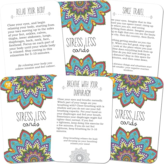 Sunny Present Stress Less Cards - 50 Mindfulness & Meditation Exercises - Self Care Cards That Helps Relieve Stress and Anxiety - The Original Deck