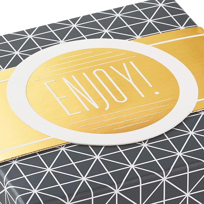 Hallmark Small Gift Boxes with Wrap Band (2-Pack: Gray Geometric, Gold "Enjoy!") 4 inch Boxes for Weddings, Graduations, Engagements, Birthdays, Housewarmings, Wrapped Treats and Cookies