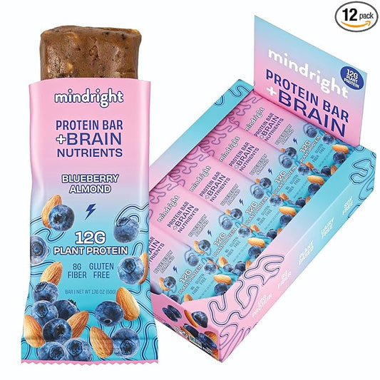 MINDRIGHT Superfood Vegan Protein Bars - Gluten Free Non-Gmo Low Sugar - Plant based protein bars - All Natural Brain Food Healthy Snack To Help Enhance Mood & Energy ((Blueberry Almond,12 Pack)