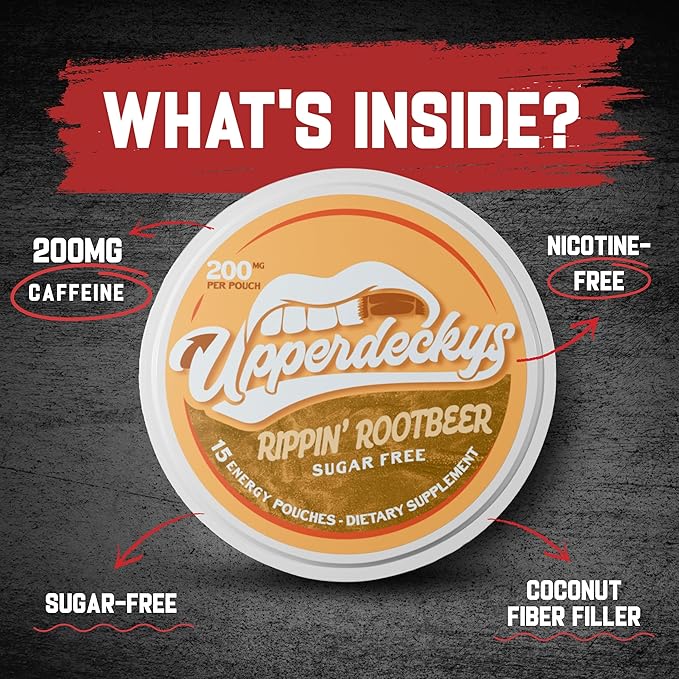Upperdeckys, Rippin Rootbeer Caffeine Energy Pouches - Free Replacement and Alternative for Focus and Energy - Sugar Free Nootropic Pouches, Made in the USA & Delicious Flavor (4-Pack, 200mg)