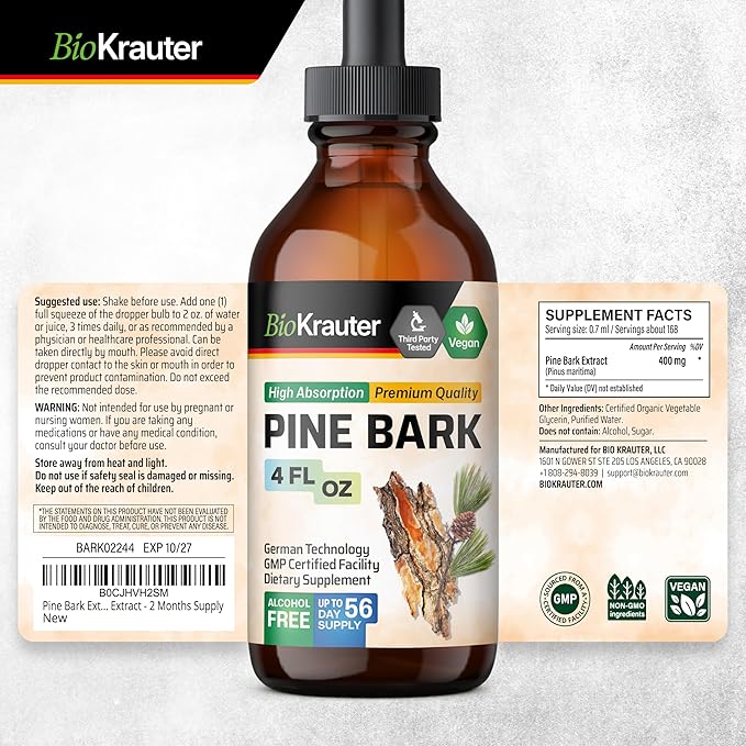 BIO KRAUTER Pine Bark Extract - Rich in Antioxidants Liquid Supplement - 400 mg French Maritime Pine Bark Extract Drops - Vegan, Alcohol & Sugar Free - 4 Fl Oz