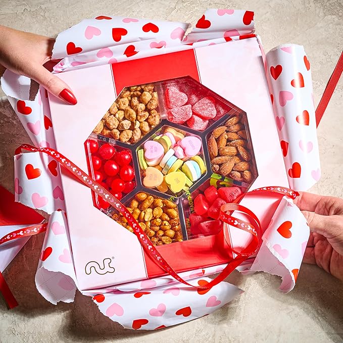 NUT CRAVINGS - Diwali Sweets Hamper Mixed Nuts & Heart Candy Gift Basket in Red Gold Box (7 Assortments, 1 LB) Food Arrangement, Healthy Snack Care Package, Food Assortments