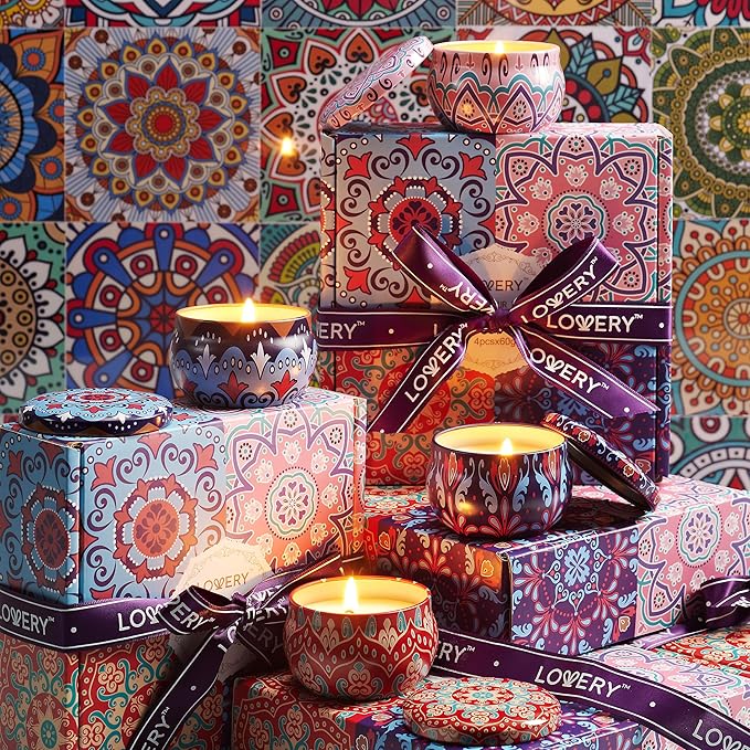 LOVERY 4 Pack Soy Candle Gift Set, Scented Candles, 10% Essential Oil Aromatherapy, 120h Burning, Stress Relief Gifts for Women, Men, Home, Birthday, Mother's Day, Christmas