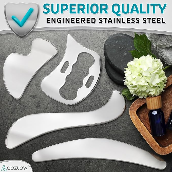 COZLOW 4-in-1 Muscle Scraper Tool Set - Skin Scraping Massage Tools for IASTM Therapy - Deep Tissue Gua Sha for Soft Tissue Mobilization, Fascia & Myofascial Release - Stainless Steel Metal Blades