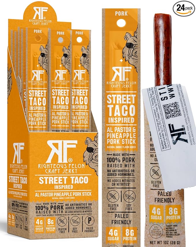 Righteous Felon Meat Sticks | 100% Pork Sticks | Gluten Free & Keto Meat Sticks | Low Sugar & High Protein Pork Sticks | Healthy Snack for Adults | Jerky Gifts for Men | Street Taco, 24 Pack