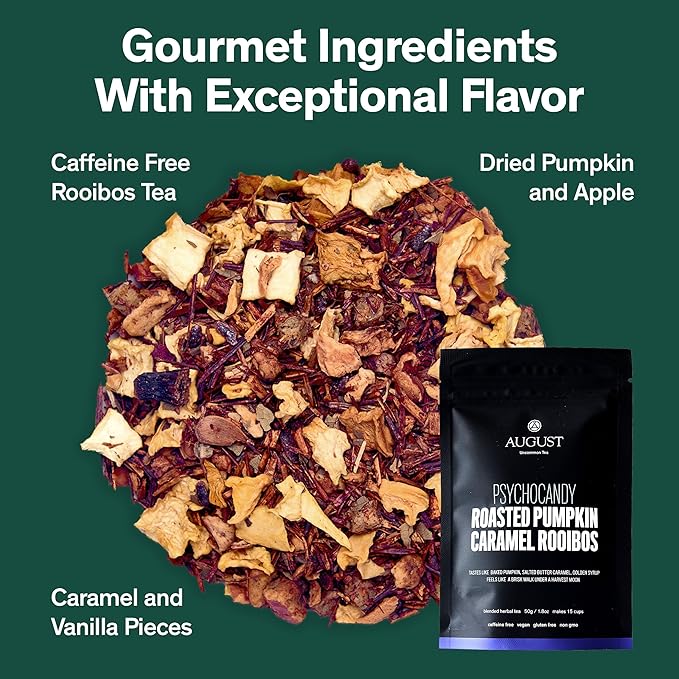 August Uncommon Psychocandy Loose Leaf Tea – Roasted Pumpkin Caramel South African Rooibos Tea – Vegan, Gluten-Free & Non-GMO – Creamy Caramel Flavor for Bedtime – Resealable 1.75oz Pouch (15-30 Cups)