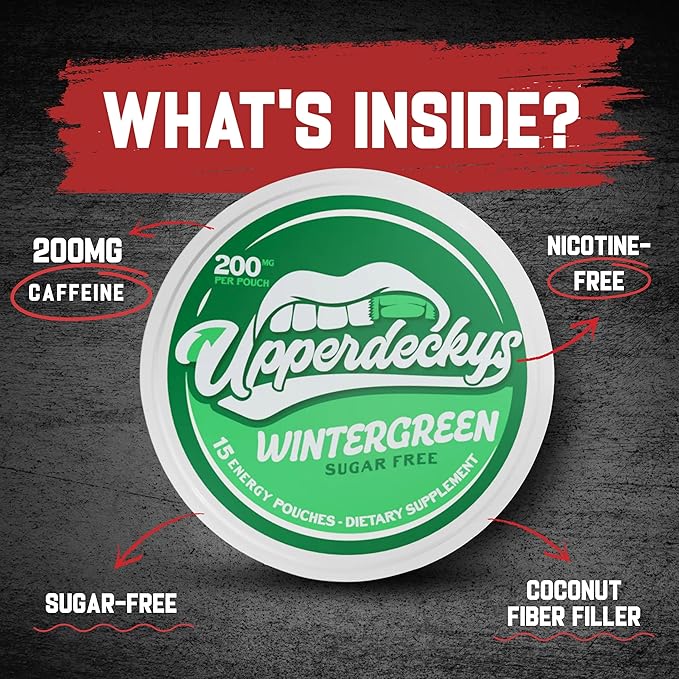 Upperdeckys, Cool Wintergreen Caffeine Energy Pouches - Free Replacement or Alternative for Focus and Energy - Sugar Free Nootropic Pouches, Made in the USA & Delicious Flavor (4-Pack, 200mg)