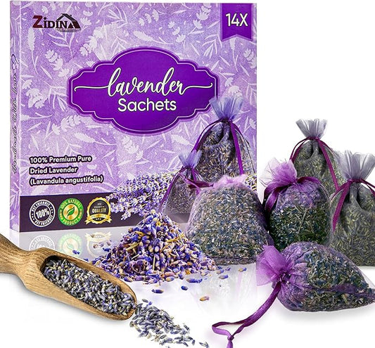 14 Pack Organic Lavender Sachet Bags for Drawers and Closets - Natural Fresh Dried Lavender French Potpourri Bags for Clothes Storage - Scented Sachets for Drawers, Wardrobes, Cars & Home.
