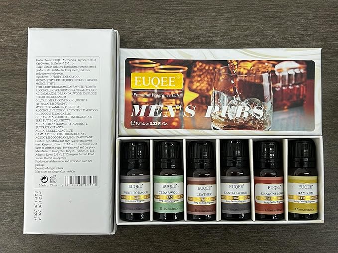 EUQEE 6PCS Fragrance Oils for Men, Men's Pubs Gift Set Premium Fragrance Oils -10ml-Leather, Sweet Tobacco(New Name-Honeyed Haze), Dragons Blood, Sandalwood, Bay Rum, Cedarwood (Men's Pubs)