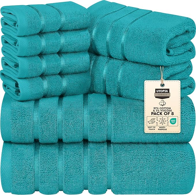 Utopia Towels 8 Piece Luxury Towel Set, 2 Bath, 2 Hand, and 4 Wash Cloths, 600 GSM Ring Spun Cotton, Highly Absorbent Viscose Stripe Towels, Ideal for Everyday use, Turquoise