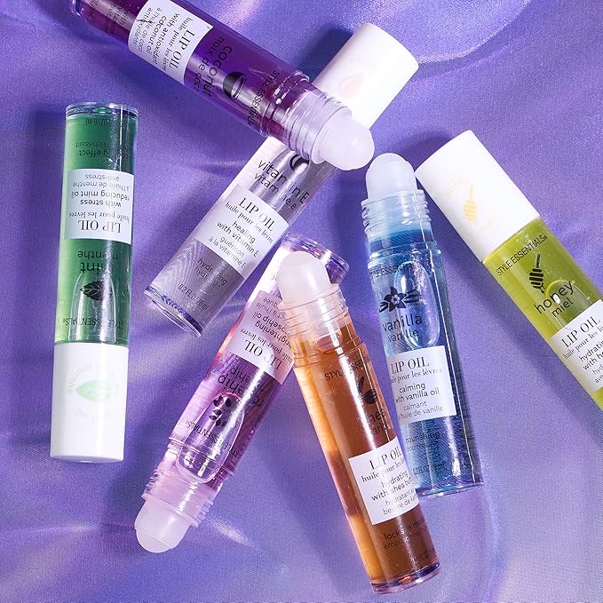 EXPRESSIONS 7pc Lip Oil Collection with Essential Oils - Hydrating Roll On Lip Oils Infused w/Natural Healing Essential Oils - Rollerball Lip Oils, Vitamin Enriched Lip Glow Oil Set