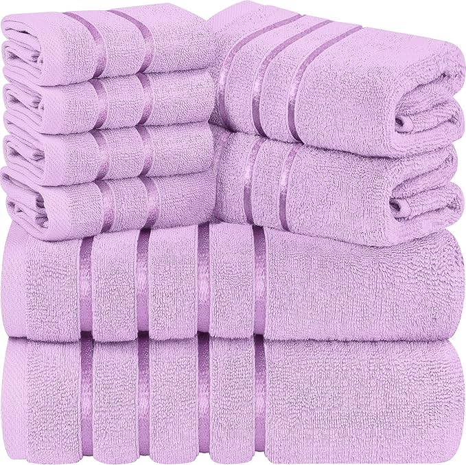 Utopia Towels 8 Piece Luxury Towel Set, 2 Bath, 2 Hand, and 4 Wash Cloths, 600 GSM Ring Spun Cotton, Highly Absorbent Viscose Stripe Towels, Ideal for Everyday use, Lavender
