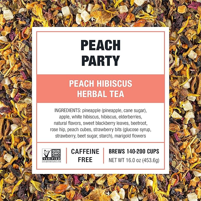 Tiesta Tea - Peach Party, Peach Hibiscus Herbal Tea, Premium Loose Leaf Tea Blend, Non-Caffeinated Fruit Tea, Make Hot or Iced & Up to 200 Cups, 16 oz Resealable Pouch