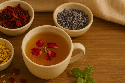 Ceramic cup of floral infusion tea with rose petals, chamomile, and lavender