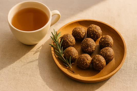 Cup of herbal tea with wooden plate of herbal snack bites under soft sunlight