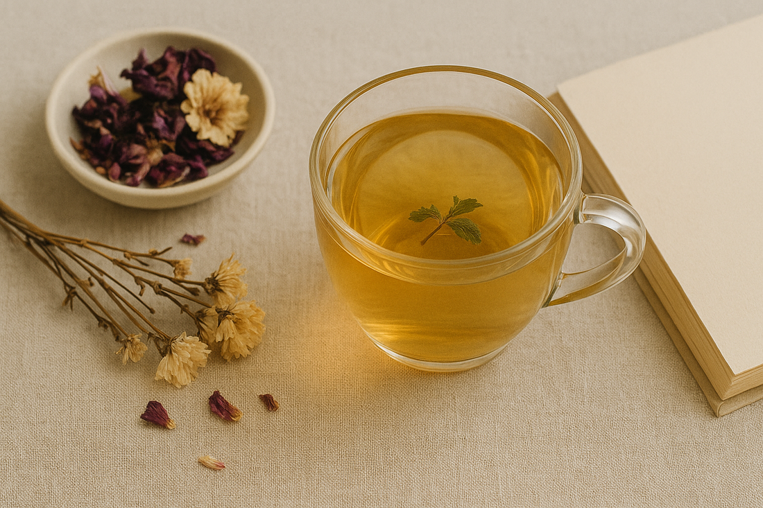 Berrion herbal tea flatlay with dried flowers and journal in warm natural light for wellness blog thumbnail
