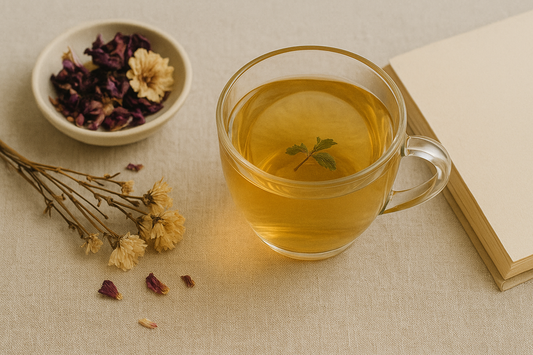 Berrion herbal tea flatlay with dried flowers and journal in warm natural light for wellness blog thumbnail