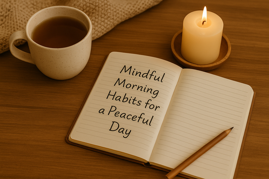 Cup of tea, lit candle, and open journal on wooden table