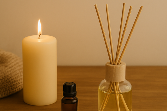 Lit candle, reed diffuser, and amber aroma oil bottle on wooden surface