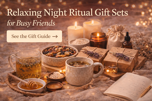 A cozy gift guide thumbnail featuring relaxing night ritual gift sets with wrapped boxes, candles, herbal tea, bath salts, and warm fairy lights, designed as thoughtful evening gifts for busy friends — Berrion.