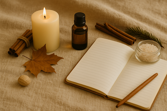 Candle, aromatherapy oil, bath salts, and open journal on linen cloth