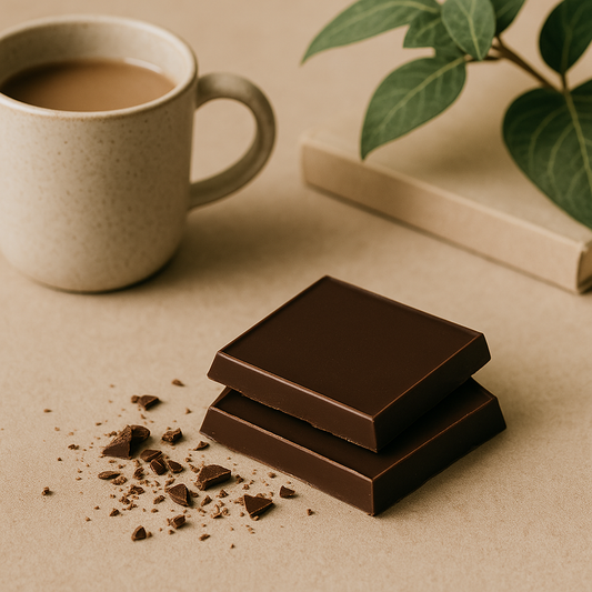 Vegan chocolate pieces with mug, book, and greenery on beige background